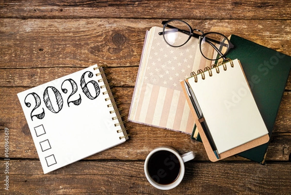 Fototapeta New year resolutions 2026 on desk. 2026 goals list with notebook, coffee cup, plant on wooden table. Resolutions, plan, goals, action, checklist, idea concept. New Year 2026 resolutions, copy space