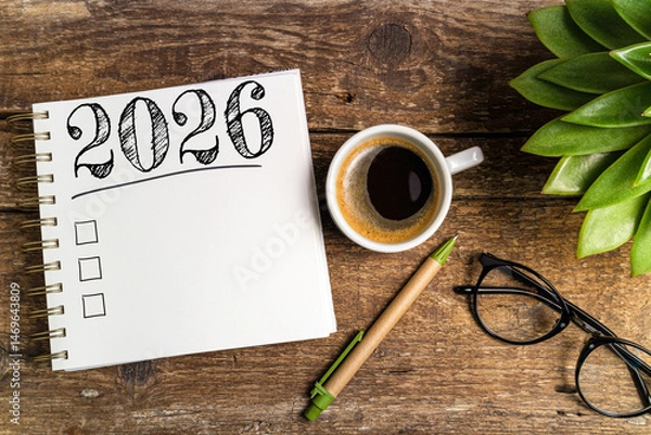 Fototapeta New year resolutions 2026 on desk. 2026 goals list with notebook, coffee cup, plant on wooden table. Resolutions, plan, goals, action, checklist, idea concept. New Year 2026 template, copy space