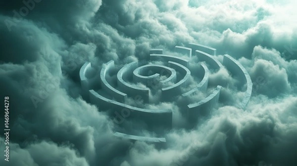 Fototapeta Overhead view of a circular maze partially obscured by clouds. The maze appears to be made of stone and is set against a cloudy sky, creating a dreamlike atmosphere.