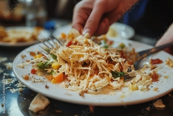 Obraz Close-up of a hand serving a plate of mixed pasta with vegetables on a dining table