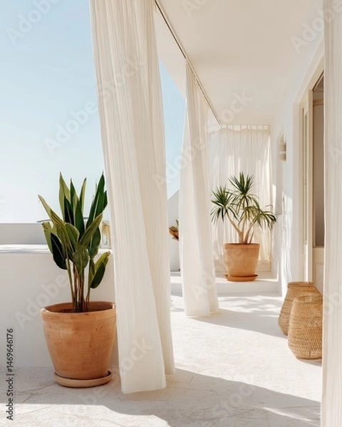 Obraz Bright, airy balcony with flowing curtains and lush green plants