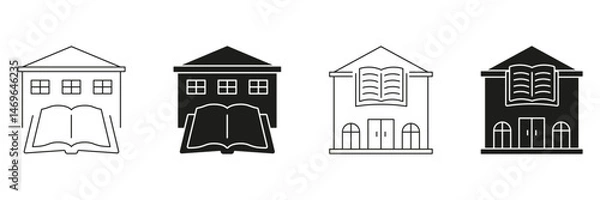 Fototapeta Library Building With Open Book Line And Solid Icon Set. Knowledge, Education, And Learning Institution Silhouette Symbol Collection. Academic Resource Center. Isolated Vector Illustration