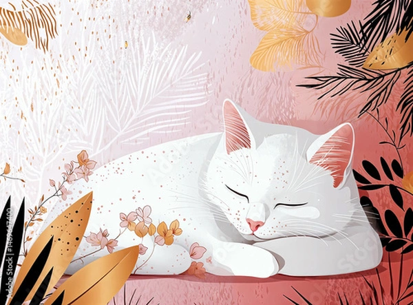 Obraz The cat, nestled in a bed of flowers and leaves, exudes a sense of calm.