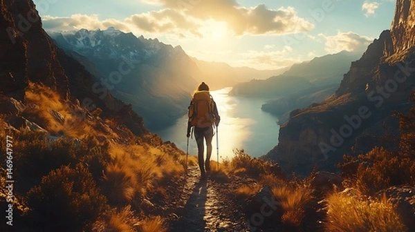 Obraz Backpacker walking rocky path images
