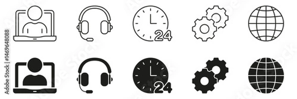 Fototapeta Online Communication And Support Line And Solid Icon Set. Remote Work, Customer Service, 24 7 Availability, And Global Connectivity Symbol Collection. Isolated Vector Illustration