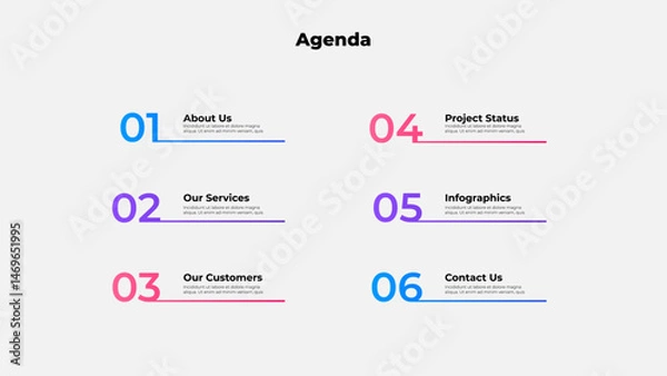 Fototapeta Clean and modern agenda slide design with numbered sections. Ideal for professional presentations and business projects focusing on clarity and structure