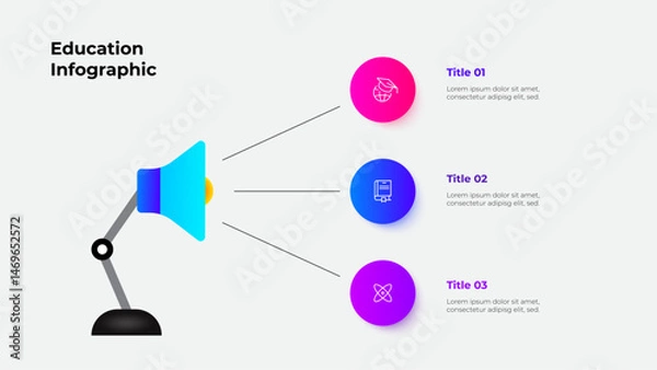 Fototapeta Desk lamp educational infographic with 3 steps. Perfect for presentations, reports, and educational materials, showcasing ideas and concepts with eye catching visuals