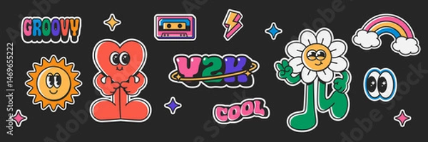 Fototapeta Retro y2k trendy sticker pack. Groovy text slogan. Collection of vintage groovy elements and characters.