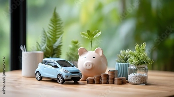 Fototapeta Small blue car, piggy bank, and plants on a wooden table.  Saving for a car
