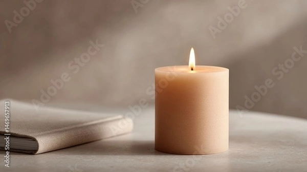 Fototapeta image of serene tabletop with single lit candle closed journal and pen resting beside it