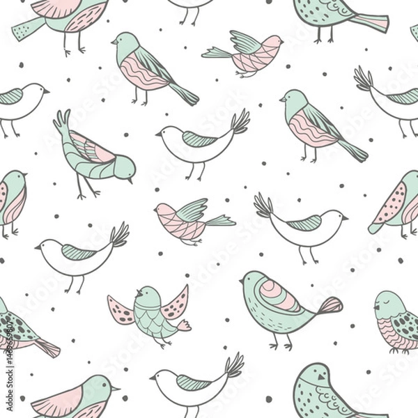 Fototapeta Colorful doodle bird seamless pattern. Collection of flat hand drawn birds. Cute background for textile print, wrapping paper, wall art design
