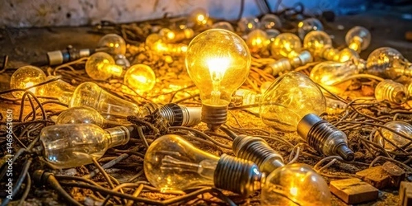 Fototapeta A tangled mess of vintage light bulbs illuminate a forgotten corner, casting a warm glow on the forgotten remnants of a bygone era.