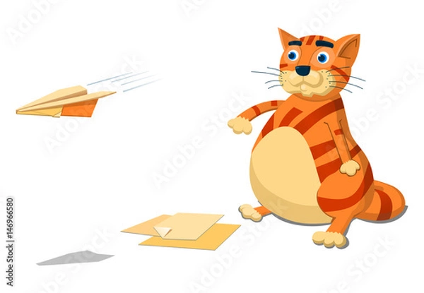Fototapeta Illustration of a cat making and throwing paper planes. Funny fat domestic cat playing. Simple vector illustration