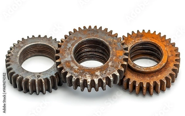 Fototapeta Three rusty gears stacked in a row on a white background.