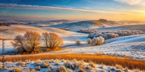 Obraz Serene Winter Landscape Frost-Covered Fields and Golden Grass Under a Sunset Sky