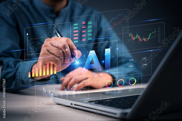 Fototapeta AI and data analysis for financial report with digital charts, dashboard, and virtual interface on laptop.Artificial intelligence and big data. business investment and stock market insights.