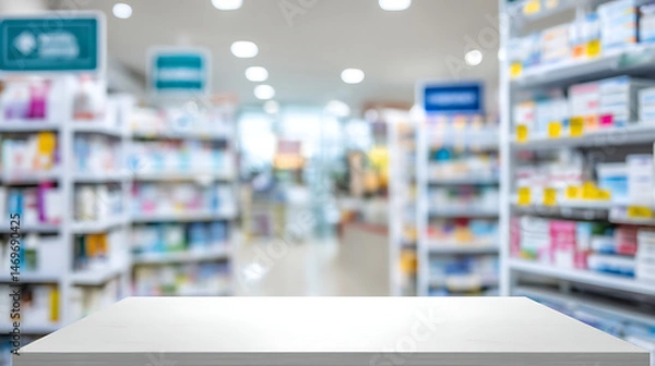Obraz White countertop in a blurred pharmacy setting with shelves of medication and healthcare products in the background providing space for product display or advertisements