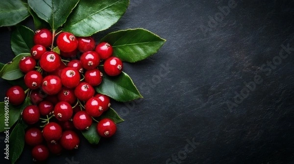 Fototapeta Close up of vibrant red cranberries with fresh green leaves against a dark background symbolizing natural antioxidants health benefits and organic fruit richness in a premium food presentation,
