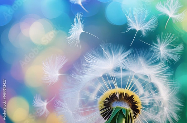 Fototapeta A close-up of a dandelion flower in full bloom, against a vibrant bokeh background featuring soft