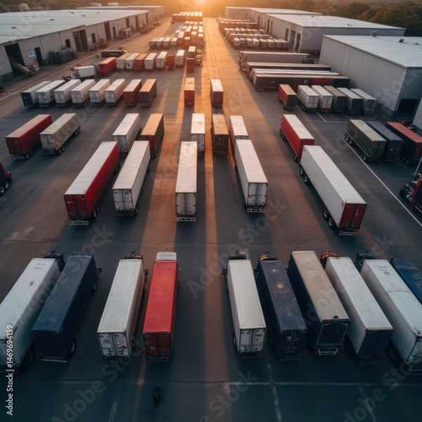 Obraz Aerial view of truck yard filled with various colored trailers parked in organized rows during sunset, creating serene atmosphere
