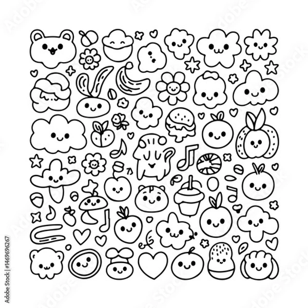 Obraz Set of kawaii doodle on white background. Hand drawn abstract doodle isolated on white background.