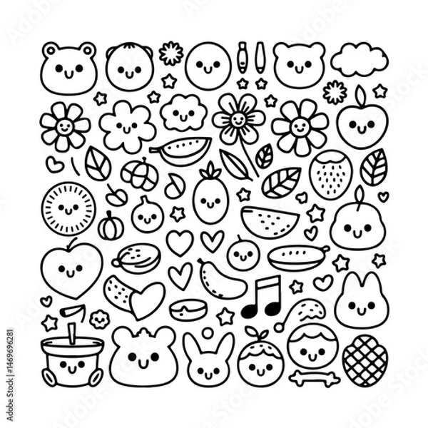 Obraz Set of kawaii doodle on white background. Hand drawn abstract doodle isolated on white background.