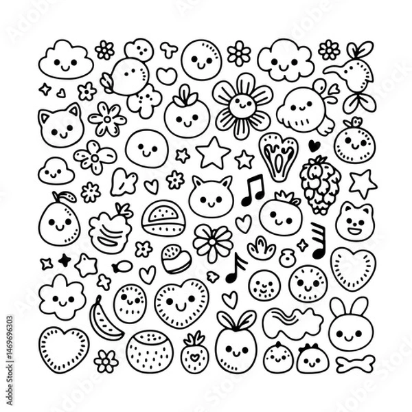 Fototapeta Set of kawaii doodle on white background. Hand drawn abstract doodle isolated on white background.
