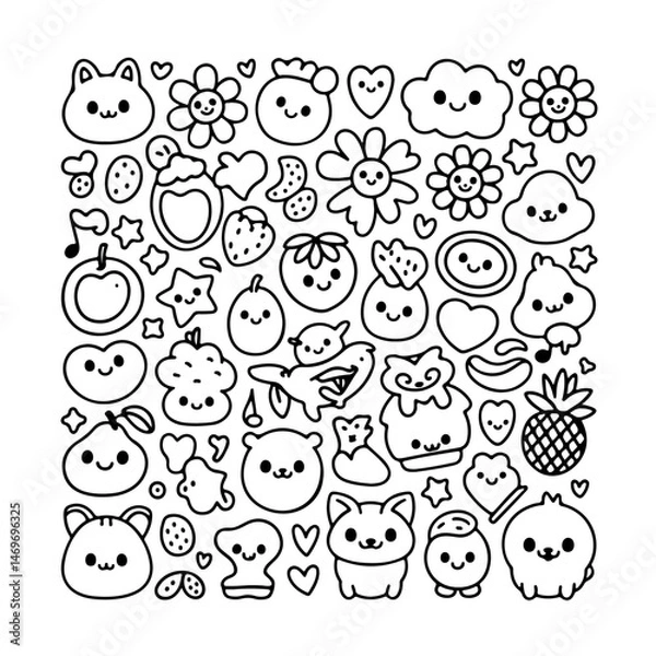 Fototapeta Set of kawaii doodle on white background. Hand drawn abstract doodle isolated on white background.