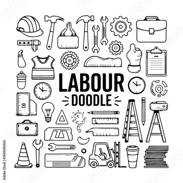 Obraz Set of labour themed doodle on white background. Hand drawn abstract doodle isolated on white background.
