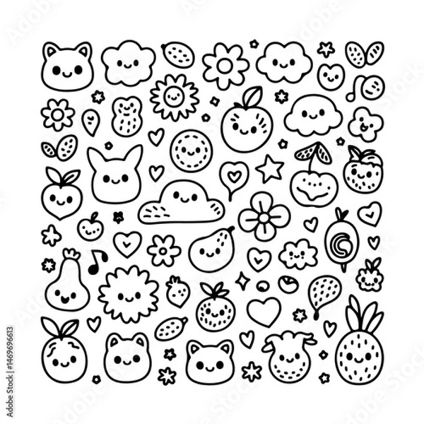 Obraz Set of kawaii doodle on white background. Hand drawn abstract doodle isolated on white background.