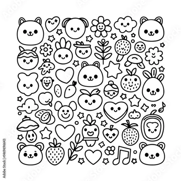 Fototapeta Set of kawaii doodle on white background. Hand drawn abstract doodle isolated on white background.