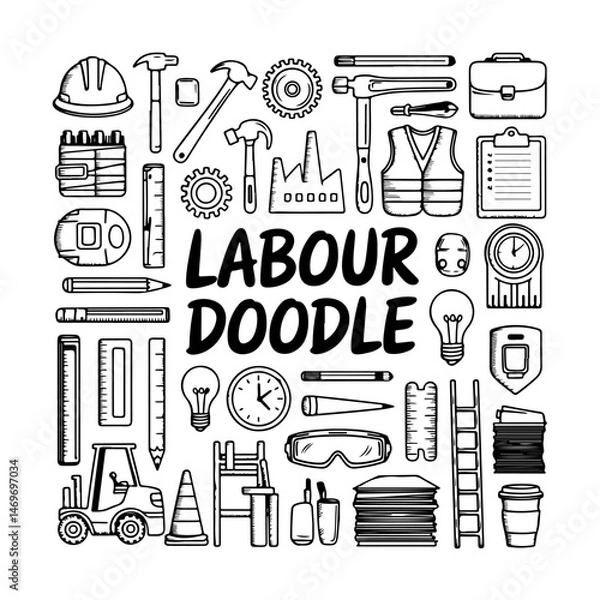 Fototapeta Set of labour themed doodle on white background. Hand drawn abstract doodle isolated on white background.