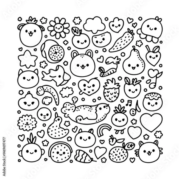 Obraz Set of kawaii doodle on white background. Hand drawn abstract doodle isolated on white background.