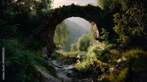 Fototapeta Overgrown stone arch in lush valley under soft light