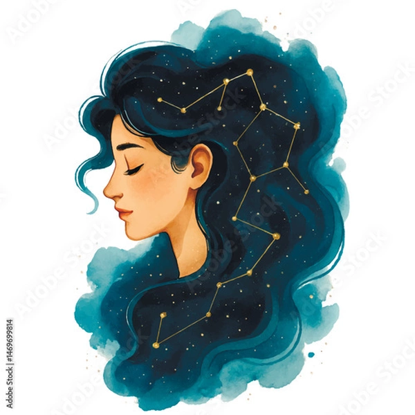 Obraz Watercolor vector illustration of a serene woman with cosmic hair featuring constellations and stars, symbolizing the universe, dreams, and inner peace. Isolated design on white.