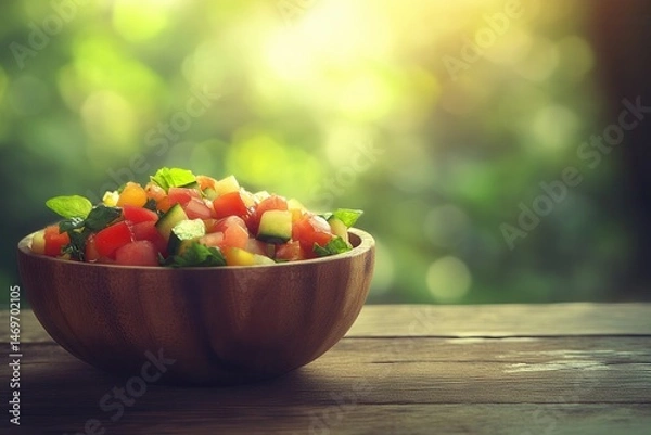 Obraz Fresh vegetable salad in a wooden bowl placed on a rustic table with a blurred green background