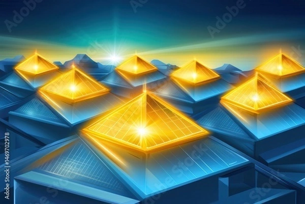 Obraz Futuristic pyramids glowing at sunrise, surrounded by mountains and a vibrant sky