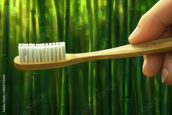 Obraz Hand holding a bamboo toothbrush against a lush green bamboo forest backdrop, promoting eco-friendly hygiene