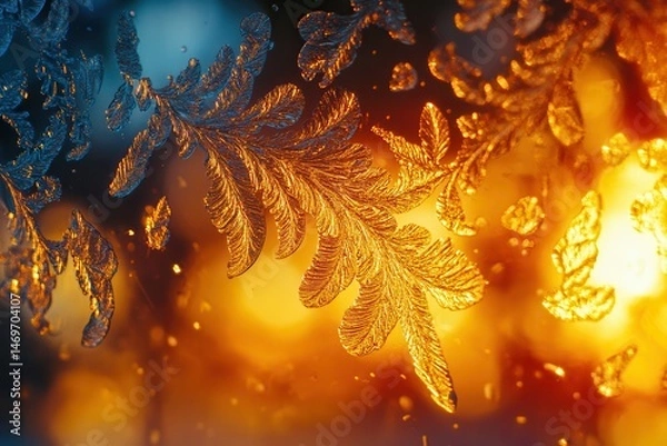 Obraz Intricate frost patterns on leaves illuminated by warm golden light in a serene winter scene