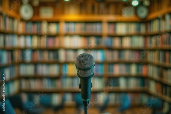Obraz Microphone in focus with a blurred library background filled with books and seating