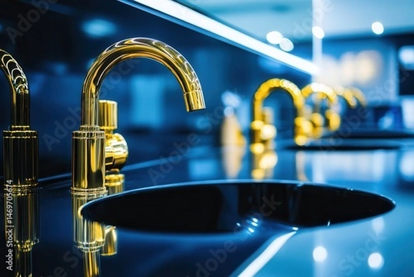 Obraz Modern kitchen featuring sleek gold faucets above black sinks with ambient lighting