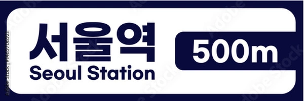 Fototapeta Realistic Korean Road and Direction Signboards – Location, Distance, and Arrow Indicators – Vector Illustration Set