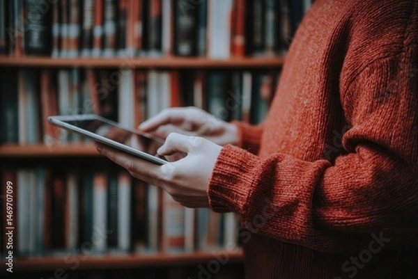 Fototapeta Person in a cozy sweater using a tablet in a library filled with books