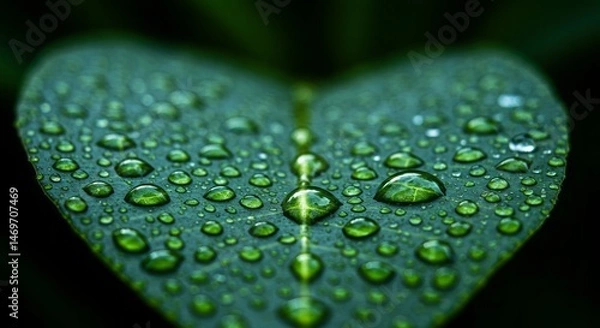 Fototapeta Close-up of a vibrant green leaf with water droplets against a dark background