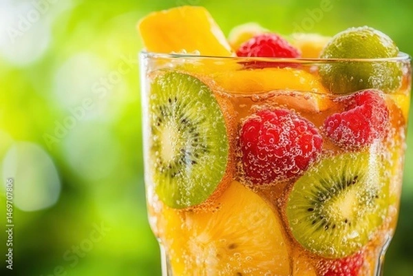 Obraz Refreshing fruit cocktail in a glass with vibrant colors, set against a lush green background