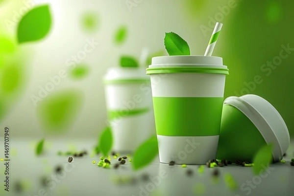 Obraz Refreshing green beverage cups with leaves and coffee beans, set against a blurred background