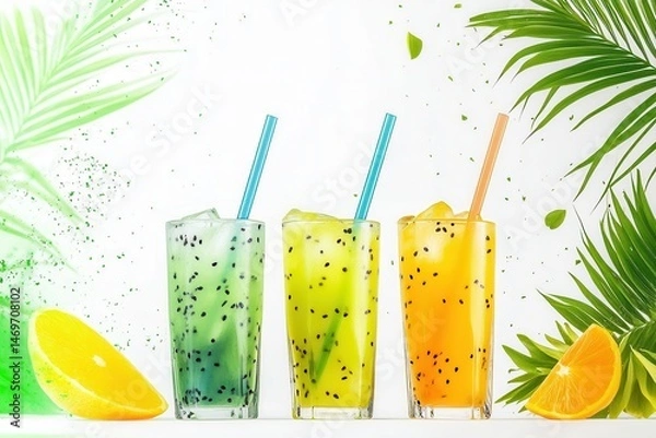 Obraz Refreshing tropical drinks with colorful layers and fruit garnishes against a vibrant background