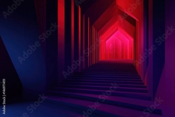 Fototapeta Vibrant geometric corridor with colorful lighting and ascending steps leading into a surreal space