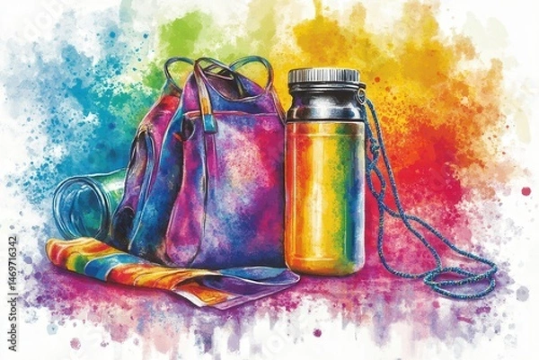 Obraz Vibrant watercolor illustration of a colorful backpack and water bottle on a rainbow backdrop