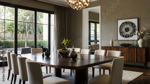 Obraz dining room interior with table and windows glass